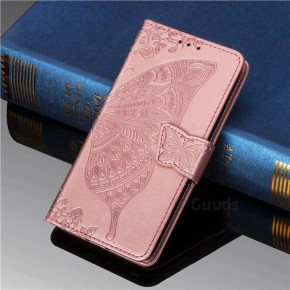 Луксозен кожен калъф тефтер със стойка и клипс FLEXI с инкрустирани пеперуди за Samsung Galaxy A71 A715F златисто розов / rose gold